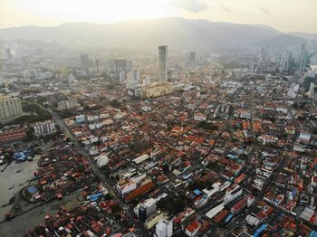 Aerial sunset over georgetown city, penang