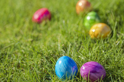 Close-up of easter eggs on grassy field