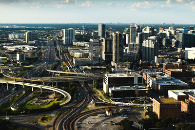 High angle view of street amidst buildings in city