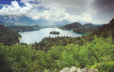 View of lake bled from the surrounding mountains and forests.