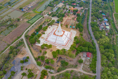 High angle view of buildings on field