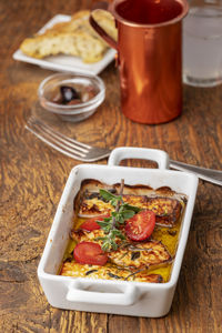 High angle view of breakfast served on table