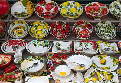 High angle view of multi colored ceramics for sale