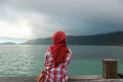 Rear view of man looking at sea against sky
