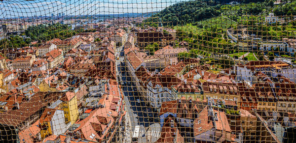 High angel view of net aganst townscape