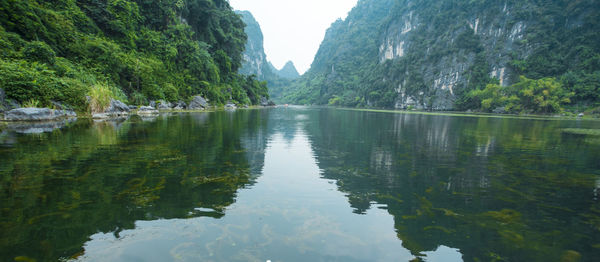 Scenic view of lake by trees against sky