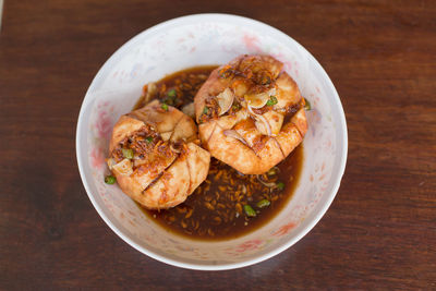 High angle view of food in plate on table