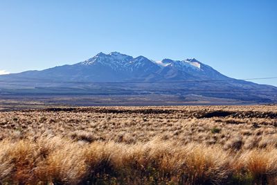 Scenic view of snowcapped mountains against clear sky