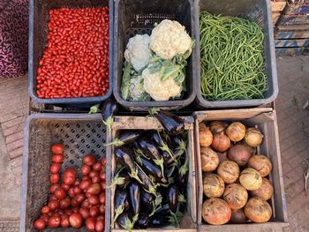 High angle view of vegetables for sale in market