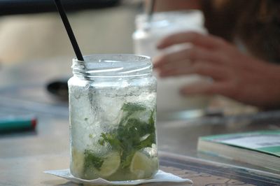 Close-up of drink in jar on table