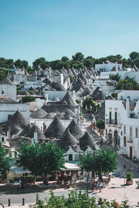 High angle shot of townscape against clear sky