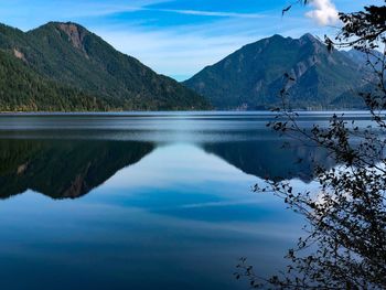 Scenic view of lake by mountains against sky