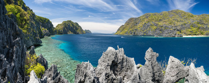 Panoramic view of sea and rocks against sky