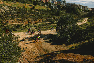 High angle view of people by plants