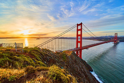 View of suspension bridge against sky during sunset