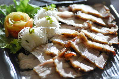 High angle view of food served in plate