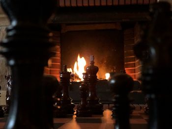 Close-up of illuminated chess board