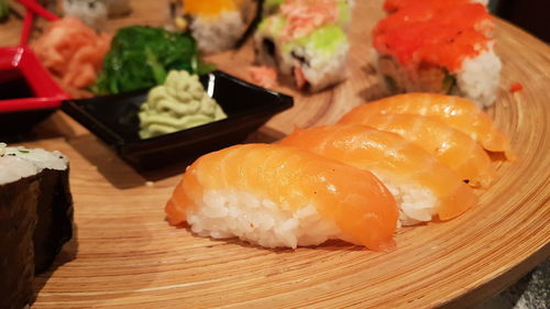 Close-up of sushi served on table