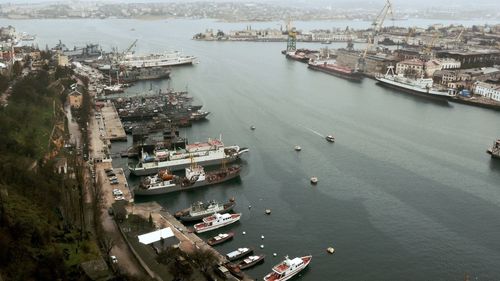 High angle view of boats at harbor