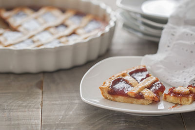 Close-up of cake in plate on table