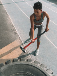 High angle view of man standing on road