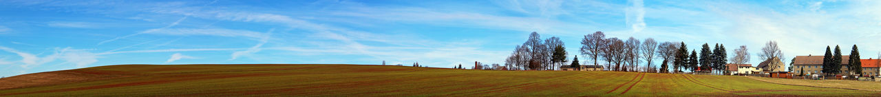 Panoramic view of agricultural landscape against blue sky