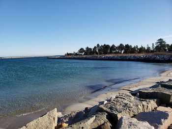 Scenic view of sea against clear blue sky