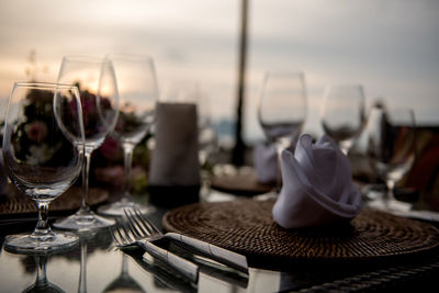 Glass of wine on table in restaurant