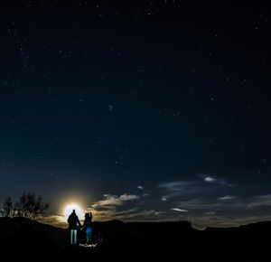 Rear view of couple standing on field against star field at night