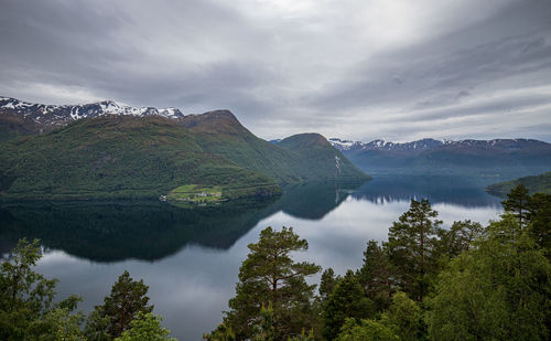 Scenic view of lake and mountains against sky