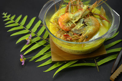 Traditional local dish from malaysia.fresh water prawn on coconut milk