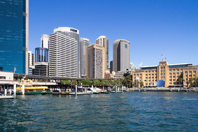 View of buildings in city against clear sky