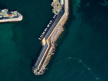 High angle view of ship sailing in sea