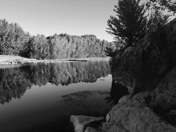 Reflection of trees in lake against clear sky