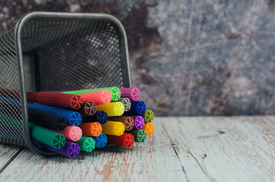 High angle view of multi colored pencils on table