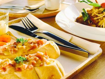 Close-up of meal served on table