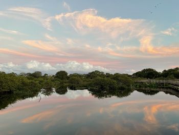 Scenic view of lake against sky during sunset