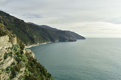 Scenic view of sea and mountains against sky