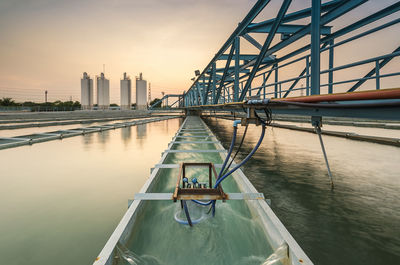 Bridge over river in city at sunset