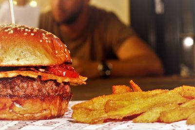 Close-up of burger on table