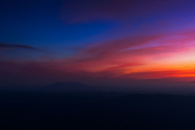 Scenic view of silhouette mountain against sky during sunset