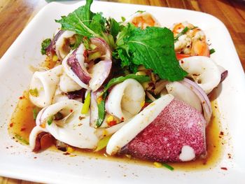 High angle view of food in plate on table