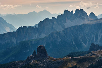 Panoramic view of mountain range against cloudy sky