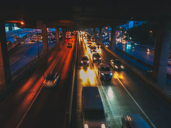 High angle view of cars on multiple lane highway at night