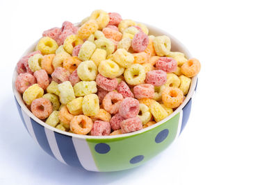 High angle view of breakfast in bowl against white background