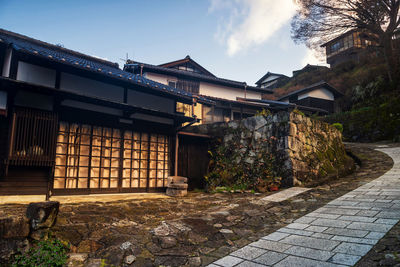 Uphill walking trail at magome juku preserved town of nakasendo in morning, kiso valley