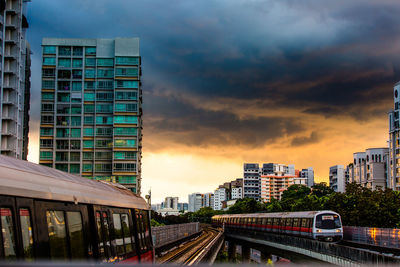 Railroad tracks in city against sky during sunset