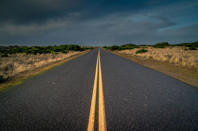 Converging lines country road with dunes and cloudy sky.