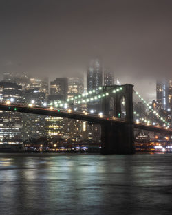 Illuminated buildings by river against sky at night