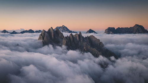 Panoramic view of snowcapped mountains against sky during sunset